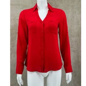 Express‎ Top Womens XS Red Portofino Button Up V-Neck Sheer Classic Office Work